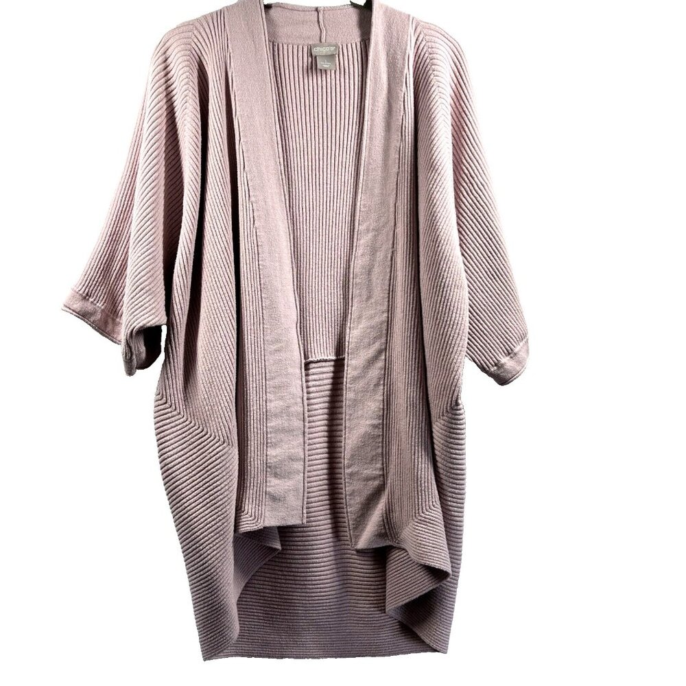 Chicos Women's Sweater Cardigan Medium Pink‎ Knit 1/2 Sleeves Open Cotton Blend